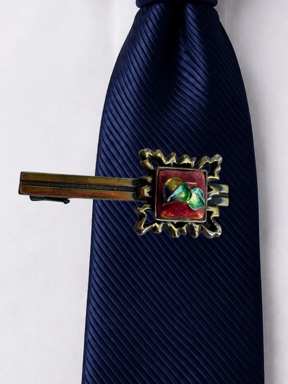 Vintage Japanese Cloisonne Tie Clip Red Green Enamel Floral Ornate Bar 2.25in